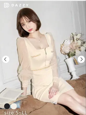 DAZZY 골드 체인 프론트 지퍼 긴팔 레이스 타이트 미니 드레스