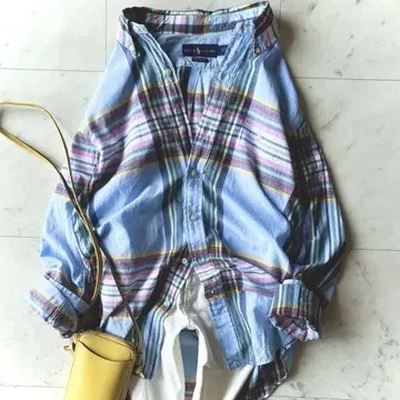 새상품급 랄프 로렌 체크 무늬 셔츠 긴팔 블루 핑크 포니 자수 XL
