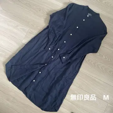 MUJI 무인양품 스탠드 카라 린넨 롱 셔츠 원피스 린넨 100% M