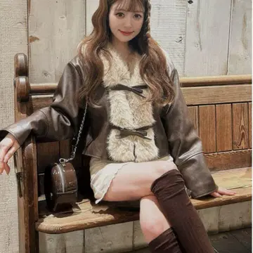 Darich 리본 벨트 빈티지 가죽 자켓 BRN 귀여운 아우터