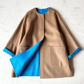 UNITED ARROWS 바이컬러 리버 미들 코트 카멜 블루 36