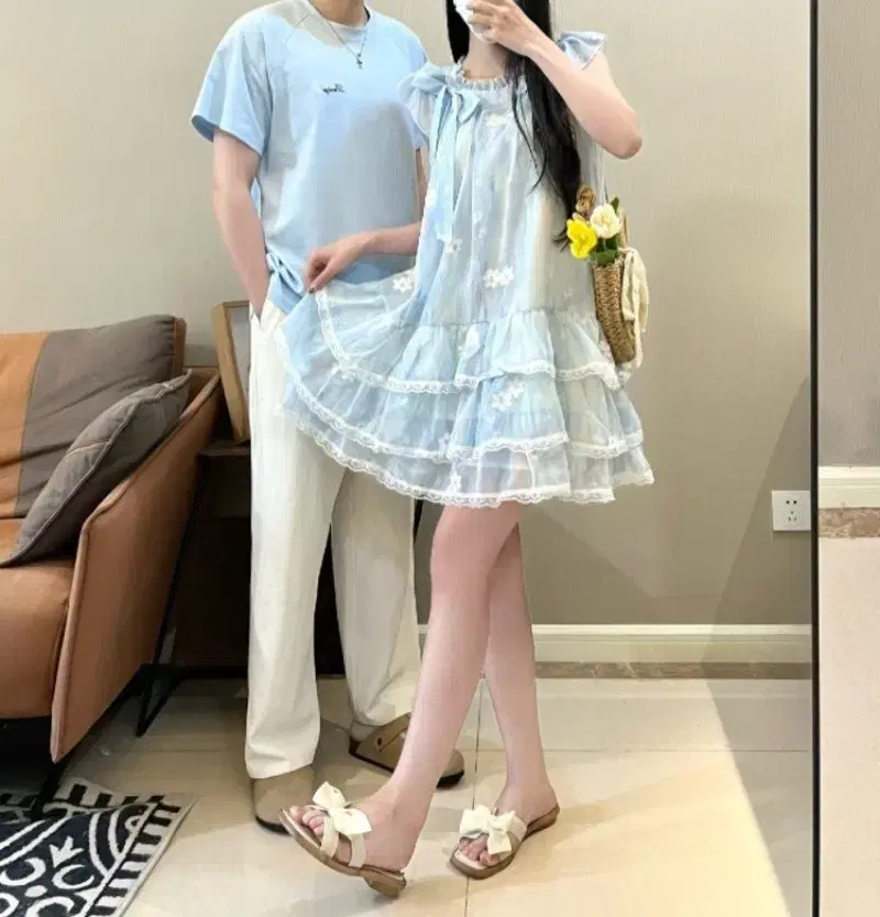 Ribbon Flower Frill Lace Can Can Onepiece Summer Couple Look
