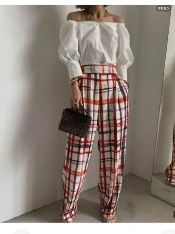 아메리빈티지 체크 무늬 팬츠 S 빨간색 페인트