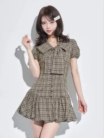Darich 빅 리본 벌룬 체크 미니 원피스