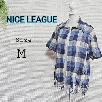 NICE LEAGUE 프린지 체크 무늬 1단 버튼 반팔 셔츠 M 사이즈