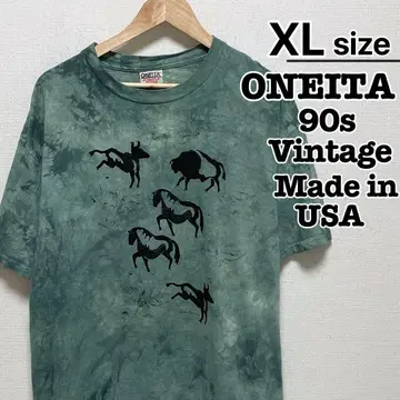 USA 제 90년대 ONEITA 티셔츠 XL 그린 애니멀 타이다이 패턴