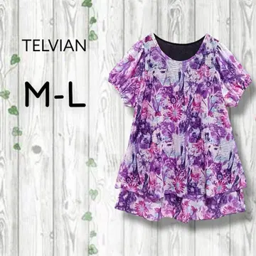 telvian 쉬폰 미니 원피스 티어드 튜닉 길이 올 패턴 반팔 보라색