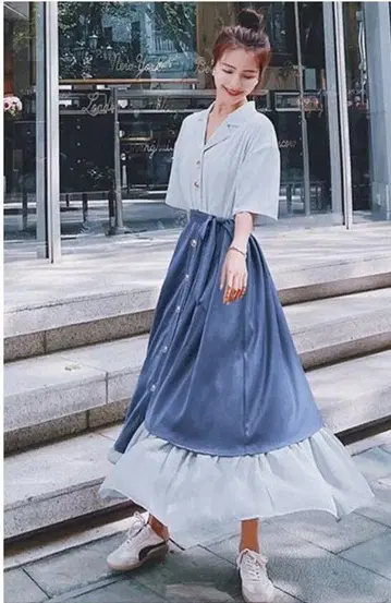 천 벨트 포함 배색 절개 셔츠 롱 원피스 비대칭