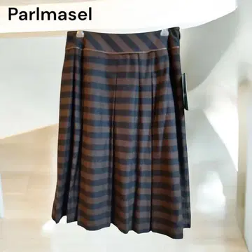 Parlmasel 브라운 스트라이프 플리츠 스커트 미디 기장