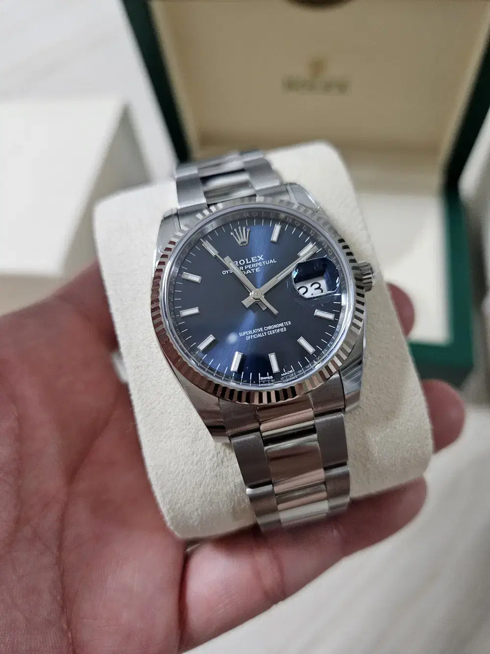로렉스 오이스터 퍼페츄얼 op 데이트 플루티드 청판 34mm