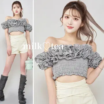 택 포함 새상품 다리치 깅엄 체크 오프숄더 상의 그레이