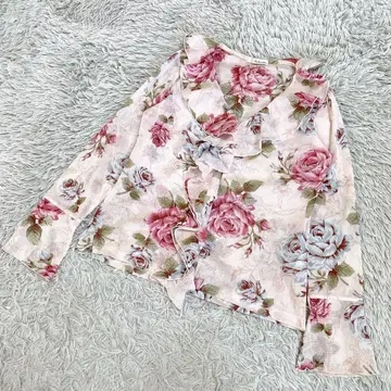 빈티지 쇼와 레트로 프릴 칼라 꽃무늬 블라우스 셔츠 장미 로즈 L