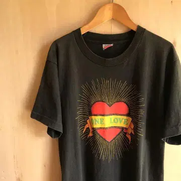 빈티지 ONE LOVE 라스타 하트 프린트 티셔츠 구제 의류