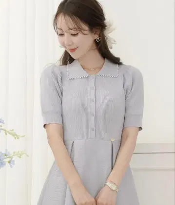 반팔 펄 트림 카라 부착 니트 원피스 le reve vaniller