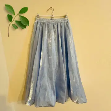 밑단 벌룬 광택 플레어 롱 스커트 스카이블루 허리밴딩