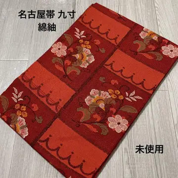 오비(약 27.3cm) 나고야 오비 면짠 주홍색 격자 꽃 무늬