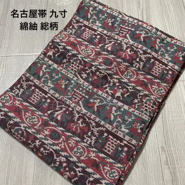 오비(약 27.3cm) 나고야 오비 면 명주 올 패턴 인물 기하학 무늬