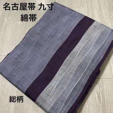 순수 실크 오비(약 27.3cm) 면 소재 올 패턴 보라색 요로케 줄무늬
