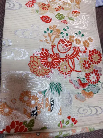 여름 아이템 명주 꽃무늬 후쿠로 오비 금실 자수 앤티크