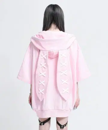 REFLEM 토끼 귀 ZIP 후드티 반팔 핑크