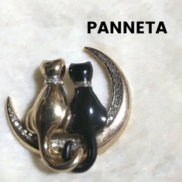 PANNETA 검은색과 금색 고양이 및 달 브로치 빈티지