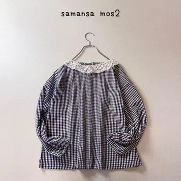samansa mos2 깅엄 체크 옷깃 레이스 린넨 블렌드 블라우스