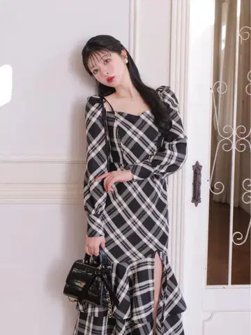 리본 체크 머메이드 롱 원피스