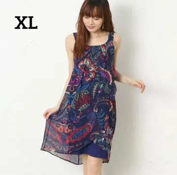 루즈한 사이즈 데시구알 XL 올 패턴 슬리브리스 무릎 기장 원피스 네이비