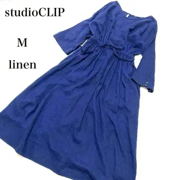 studioCLIP 린넨 롱 원피스 끈 벨트 밴딩 M 네이비 넉넉한