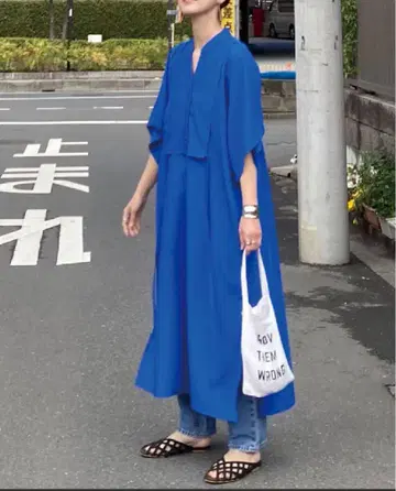 코너즈* 슬라브 조젯 카프탄 셔츠 원피스 블루 반팔