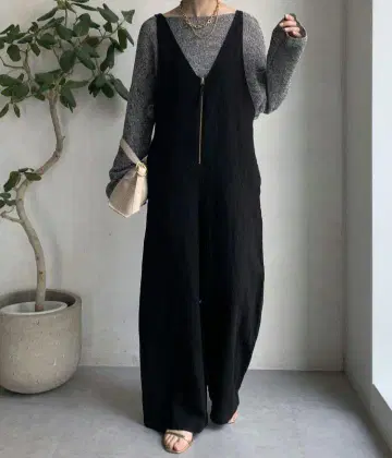 DouDou 린넨 프론트 지퍼 멜빵바지 블랙