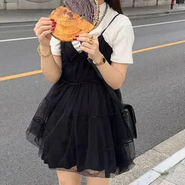 nugu NUGU 비스코 쉬폰 레이어드 미니 드레스 블랙