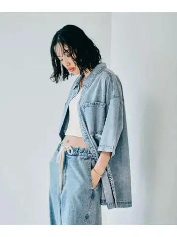 BIG 데님 5부 소매 셔츠 튜닉 렙심 케미컬 인디고