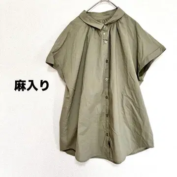 2563M 반팔 블라우스 셔츠 상의 린넨 무지 면 심플 카키 S