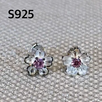 S925 꽃 모양 귀걸이 핑크 스톤 실버 각인 R