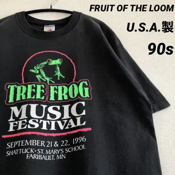 USA 제작 프룻 오브 더 룸 뮤직 티셔츠 개구리 프린트 90s