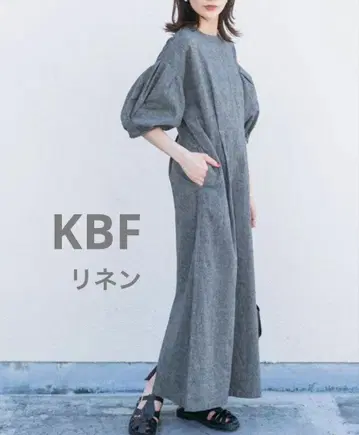KBF 크로스 턱 슬리브 롱 원피스 벌룬 슬리브 그레이 린넨
