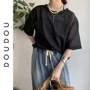 새상품 DOUDOU 트리코 오간자 TEE 드드 블랙