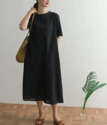어반 리서치 도어스 린넨 코튼 백리본 원피스 반팔 블랙
