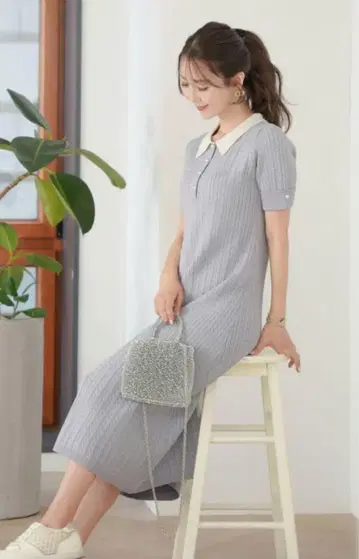 르레브 바닐레 케이블 폴로 니트 원피스 블루 그레이
