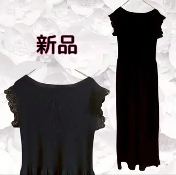 새상품 롱 원피스 리브 프렌치 슬리브 [ F ] 블랙 레이스 무지
