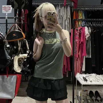 아디다스 adidas 로고 탱크탑 카키 헤이세이 y2k