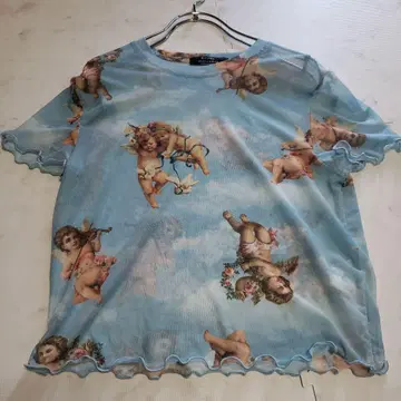 Bershka 엔젤 프린트 반팔 메쉬 시어 탑 M