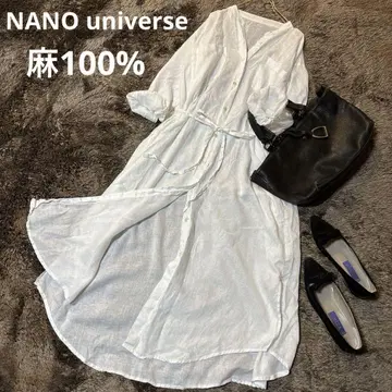 나노 유니버스 린넨 롱 셔츠 원피스 밴드 카라 린넨 100% 화이트