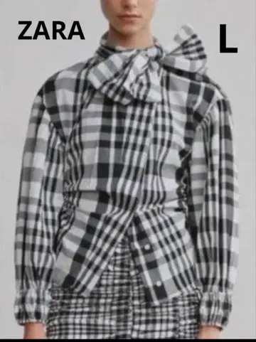 자라 보타이 체크 볼륨 슬리브 블라우스 L