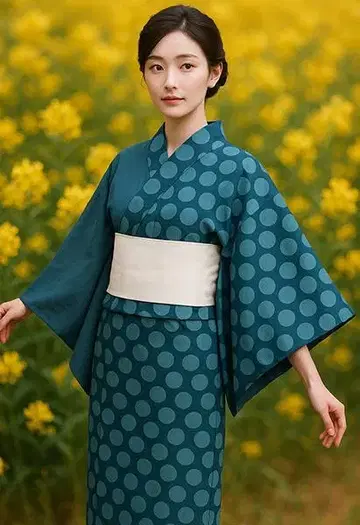 유카타 단품 여성용 일본제 반신 재봉 면 100% 블루 그레이 도트