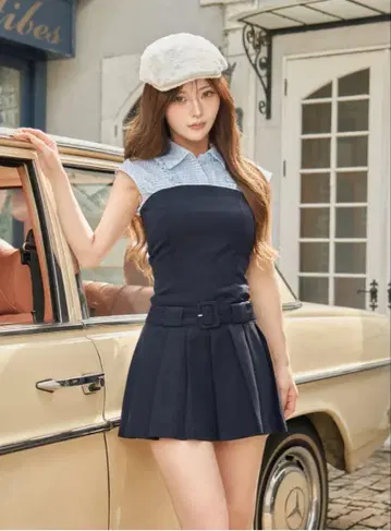 슬리브리스 미니 원피스 네이비