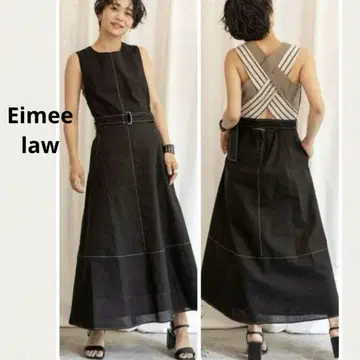 Eimee law 백 더블 크로스 배색 벨트 슬리브리스 원피스