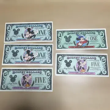 디즈니 달러 1달러 5달러 총 5장