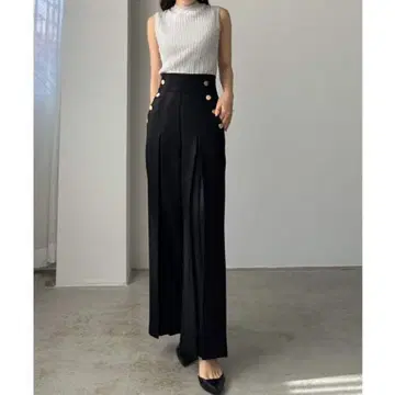 Louere 루에레 하이 웨스트 턱 마린 세미 와이드 팬츠 블랙 S